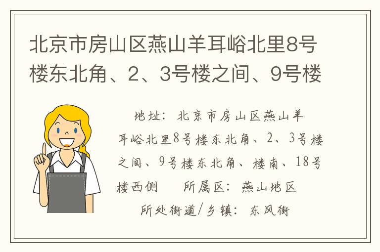 北京市房山區(qū)燕山羊耳峪北里8號樓東北角、2、3號樓之間、9號樓東北角、樓南、18號樓西側(cè)