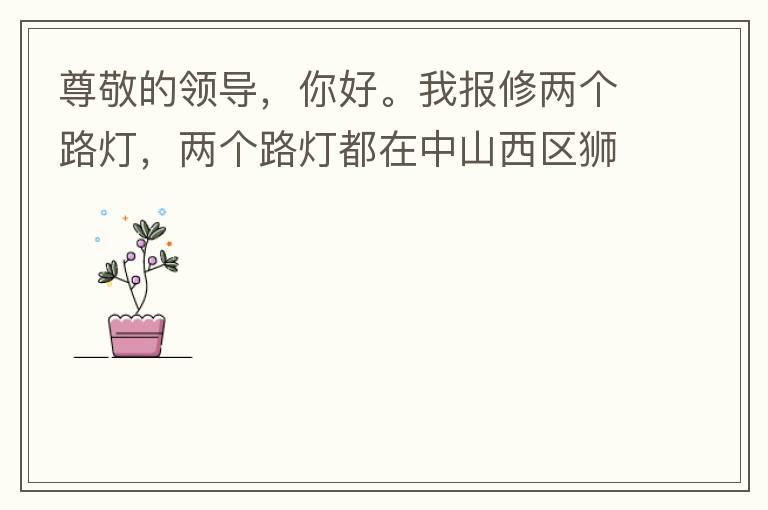 尊敬的領(lǐng)導(dǎo)，你好。我報(bào)修兩個(gè)路燈，兩個(gè)路燈都在中山西區(qū)獅滘口大橋。1.富華往濱江一號(hào)，下橋倒數(shù)第二支路燈已經(jīng)損壞。 2.濱江一號(hào)往富華方向，下橋最后一支路燈已經(jīng)損壞。麻煩及時(shí)修復(fù)，減少意外的發(fā)生。謝謝