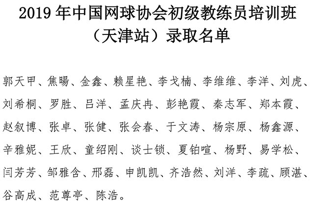 2019年中國網(wǎng)球協(xié)會(huì)初級(jí)教練員培訓(xùn)班（天津站）錄取名單
