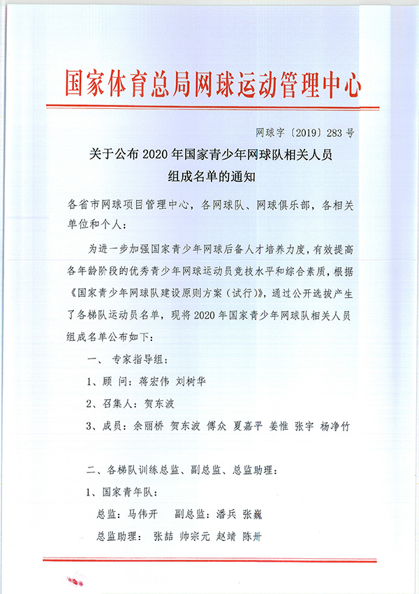 關(guān)于公布2020年國家青少年網(wǎng)球隊相關(guān)人員組成名單的通知