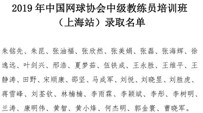 2019年中國網(wǎng)球協(xié)會中級教練員培訓(xùn)班（上海站）錄取名單